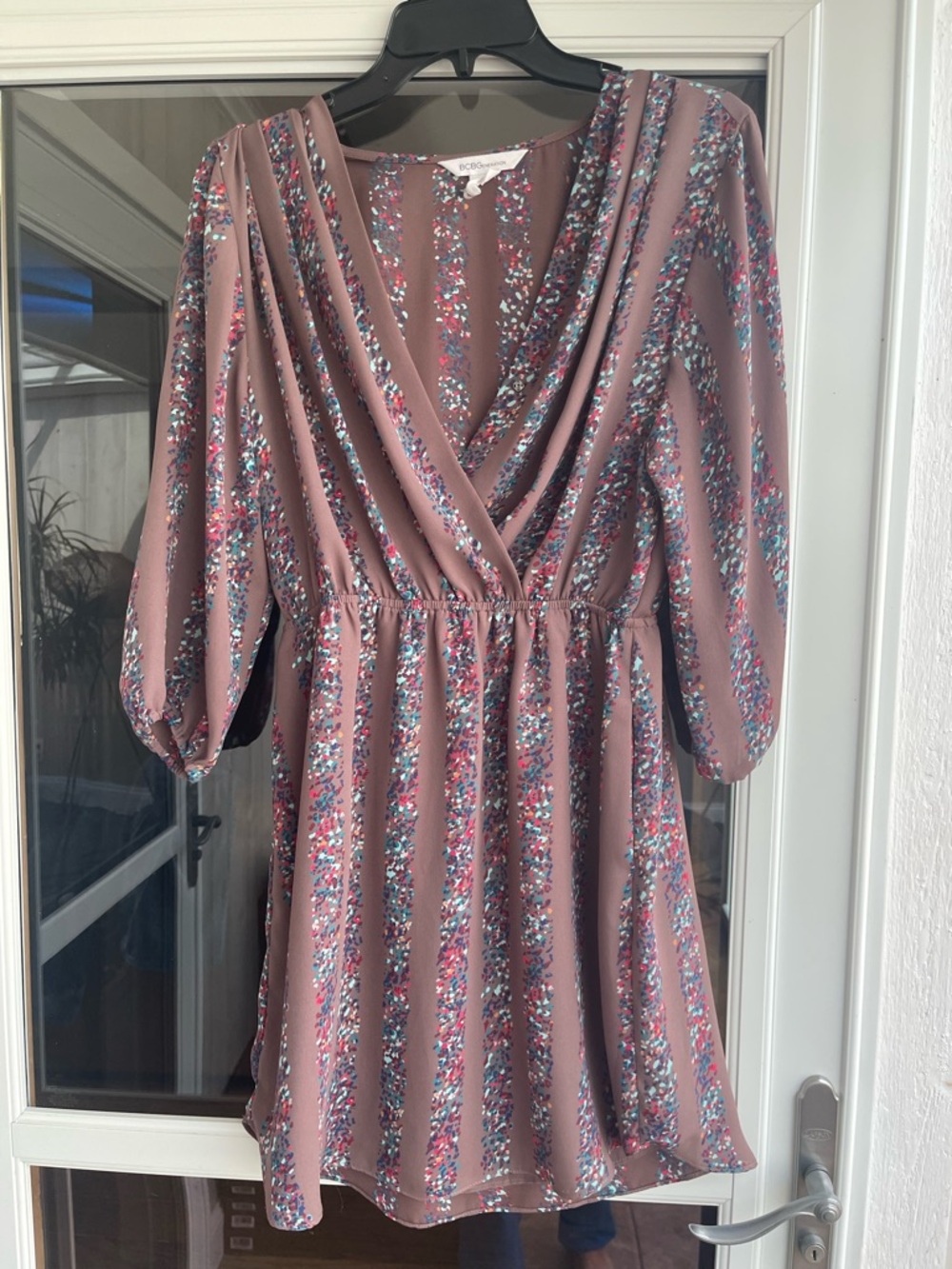 BCBGeneration Mauve Pink Floral-Stripe Wrap Dress